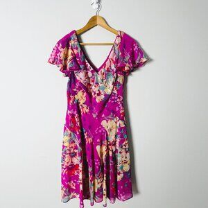American Living Floral V Neck Midi Dress Flutter Sleeves Pink 10